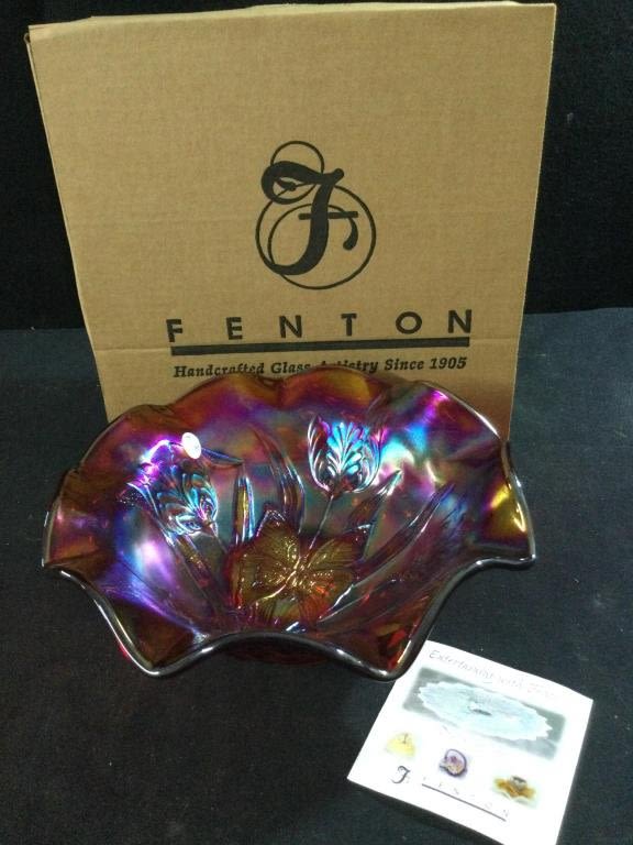 Lot 81: Fenton Red Carnival Butterfly Bowl w/Box