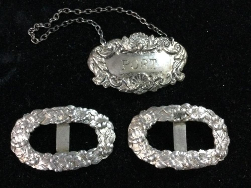 Lot 218: Early Sterling Buckles & Tag