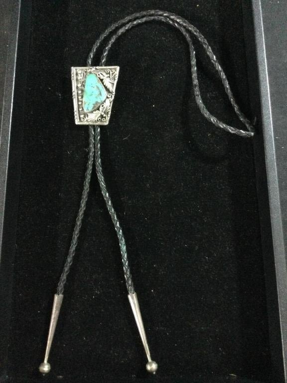 Lot 117: Sterling Navajo Bollo w/Turquoise " Signed"