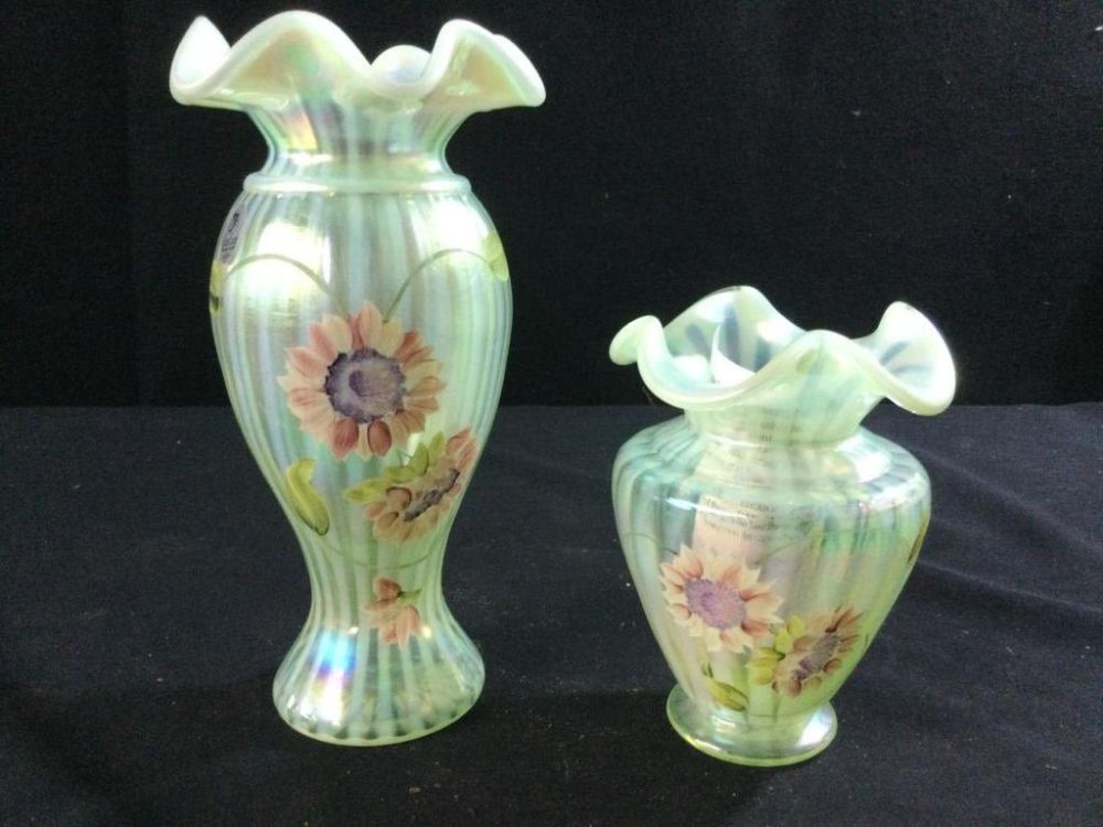 Lot 156: Fenton Hand  Vaseline Glass Painted Daisy's LE