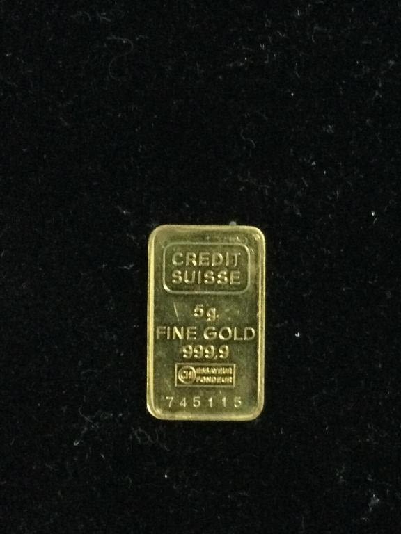 Lot 282: 5g Five Gram Gold Bar Credit Suisse 999.9 Fine