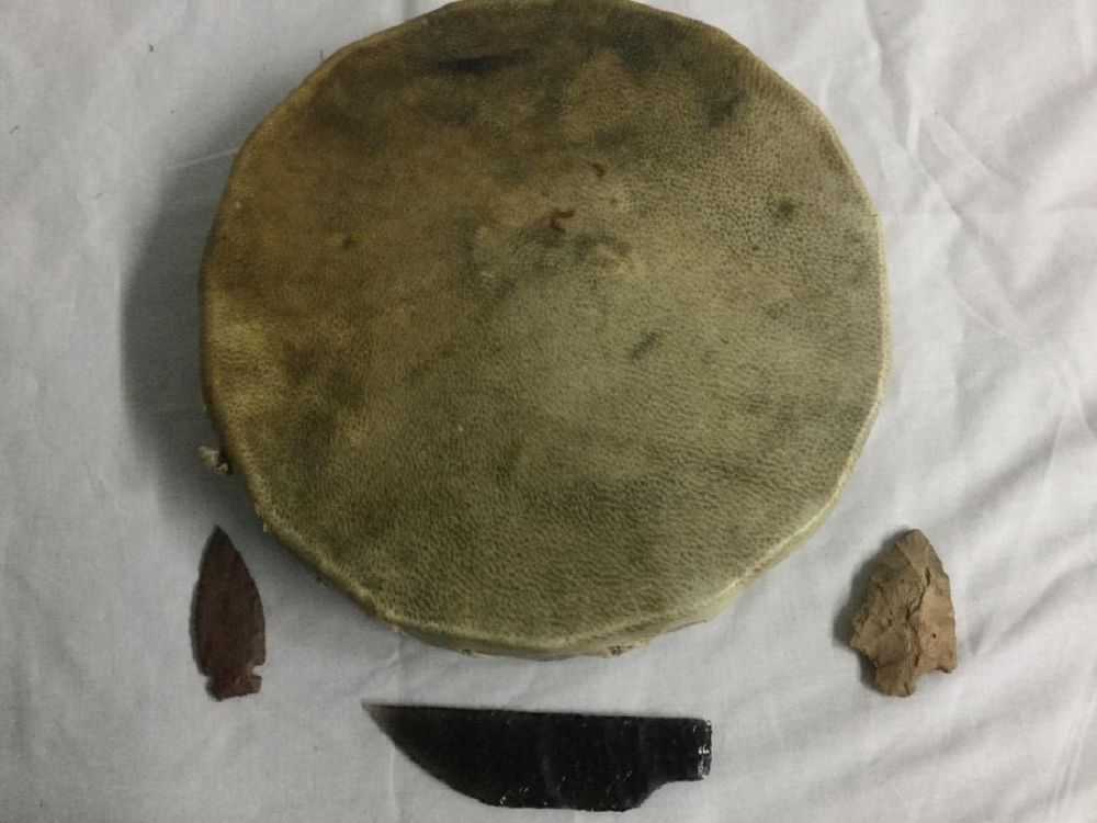 Lot 53: Native American Drum & arrowheads