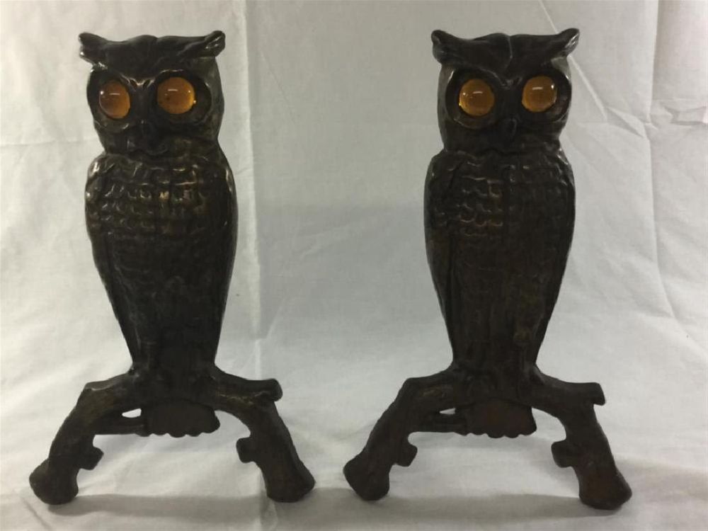 Lot 7: Vintage Iron Owl Andirons Amber Eyes