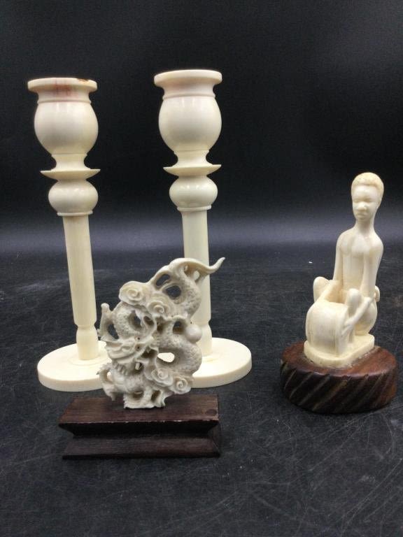 Lot 234: Vintage Carved Candlesticks and Figures