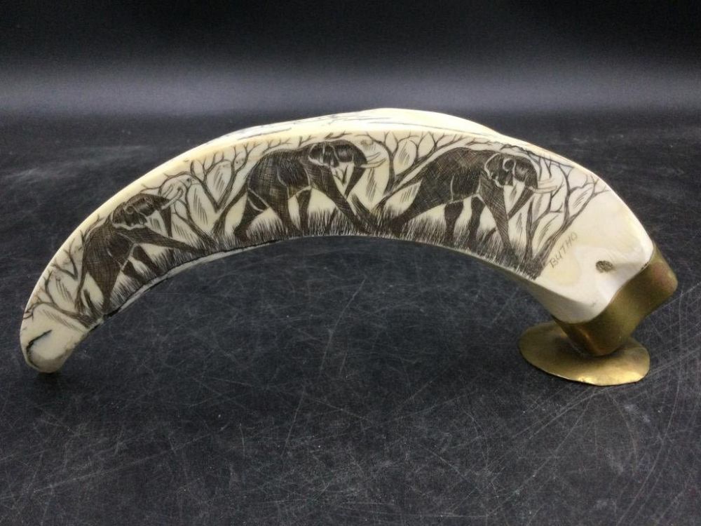 Lot 256: Carved Tusk w/Scrimshaw