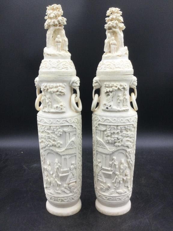 Lot 200: Pair of Large Carved Vases