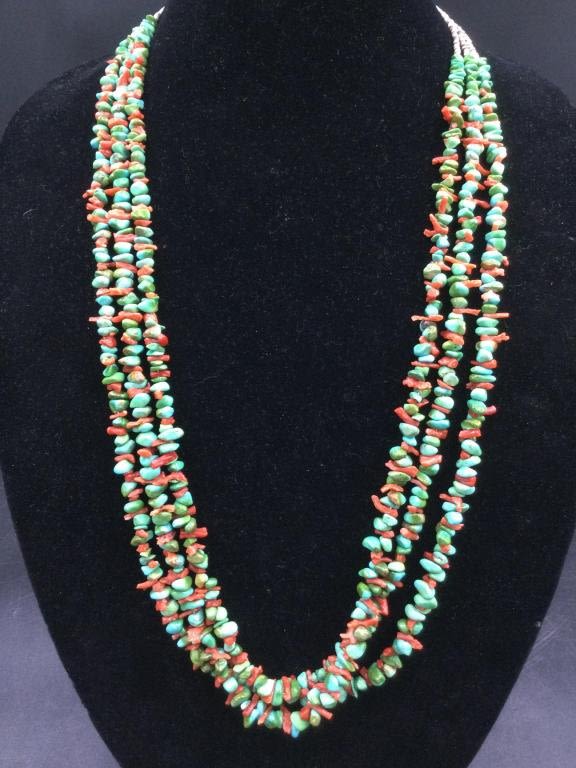 Lot 238: Multi Strand Sterling Turquoise and Coral Necklace