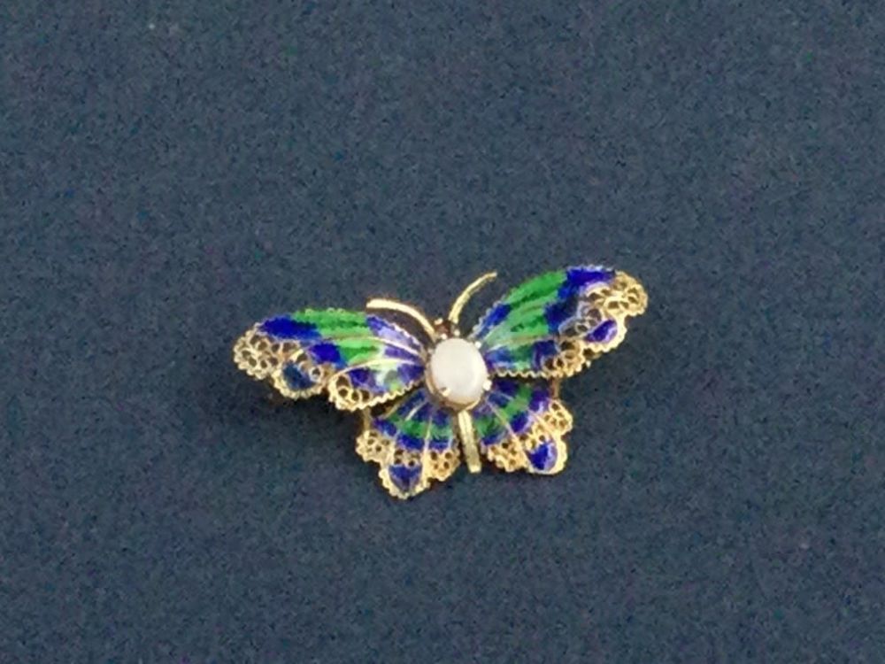 Lot 213: 14kt Butterfly with Enamel and Opal Brooch
