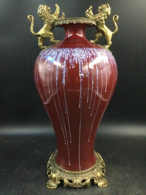 Lot 175: Qianlong Marked Glazed Porcelain Bronze Lion Ear