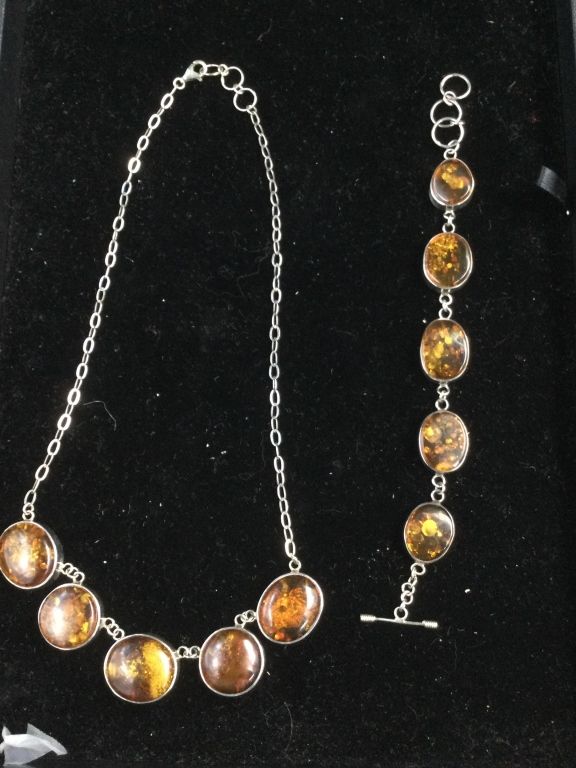 Lot 267: Vintage Sterling and Amber Necklace with Bracelet