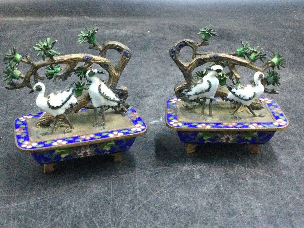 Lot 158: Vintage Cloisonne w/ Enamel Bonsai Trees & Birds