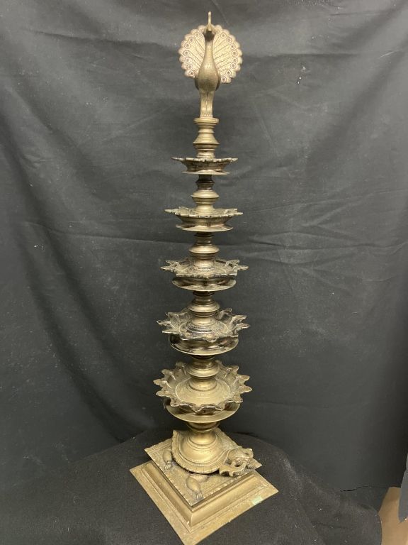 Lot 197: Antique Brass Peacock Five Layer Oil Lamp