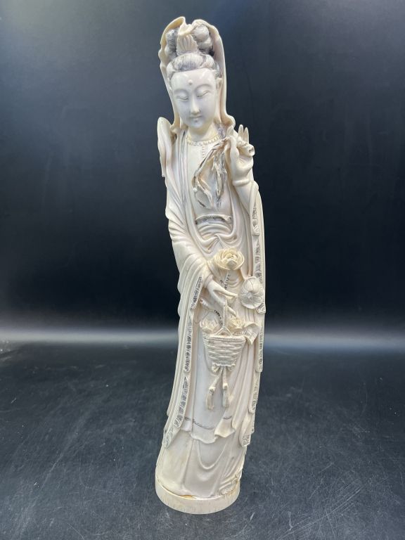 Lot 155: Carved Ivory Guanyin of Medicine 20th century Signed