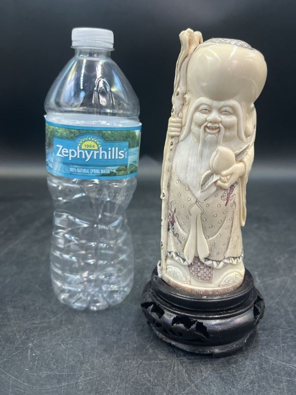 Lot 180: Antique Carved Ivory Figure of Shou Lao Diety Signed