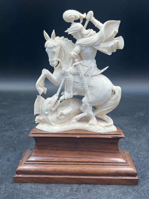 Lot 300: Ivory Carving St George Roman Soldier Killing Dragon