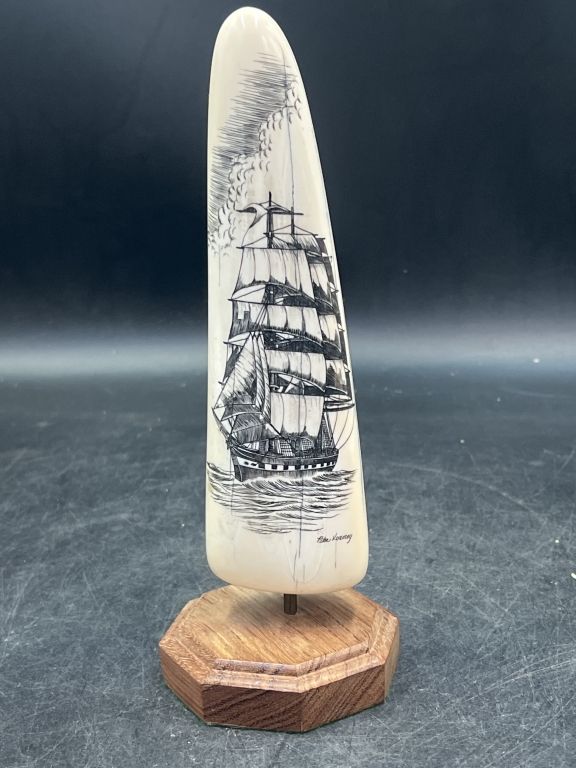 Lot 187: Scrimshaw Fosilized Walrus Tip