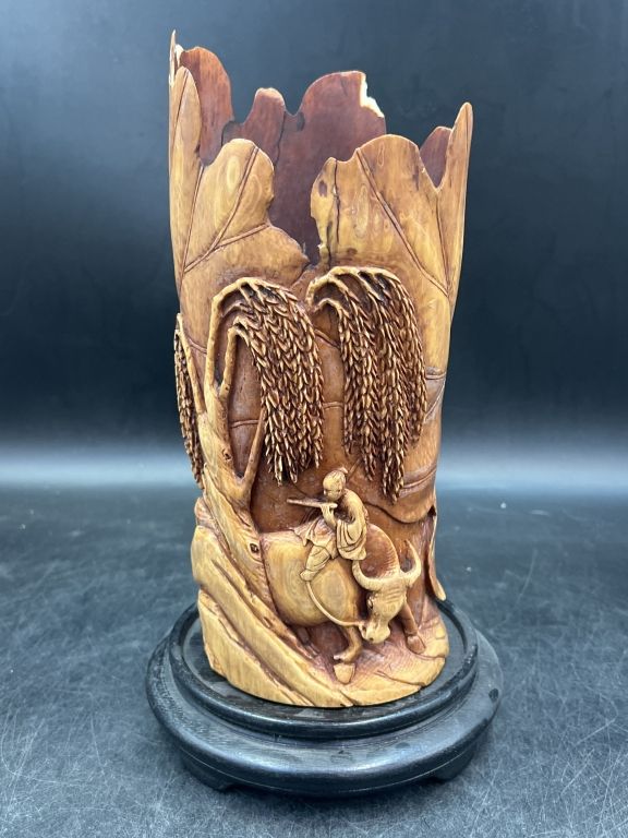 Lot 222: Carved Vase Brush Pot with Flute Player on Ox