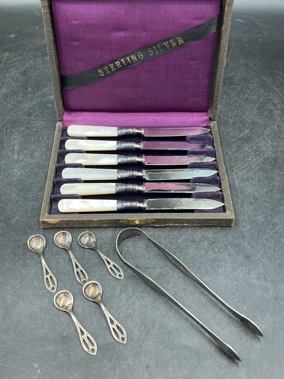 Lot 232: Sterling Salt Spoons and Tong