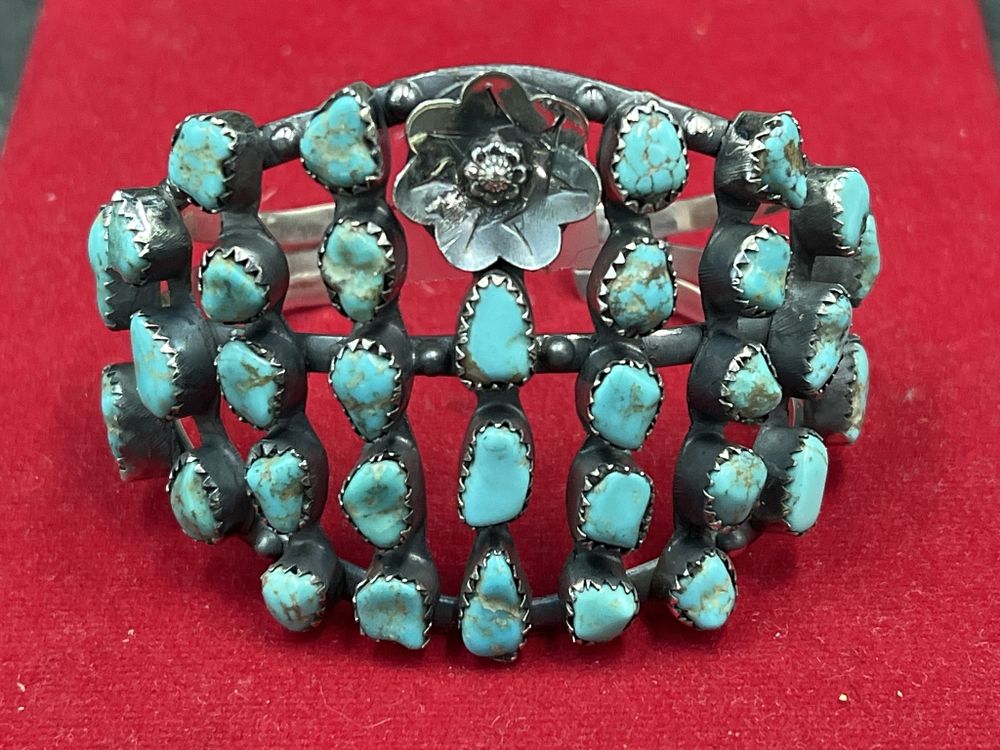 Lot 240: Vintage Sterling Large Turquoise Cuff Bracelet