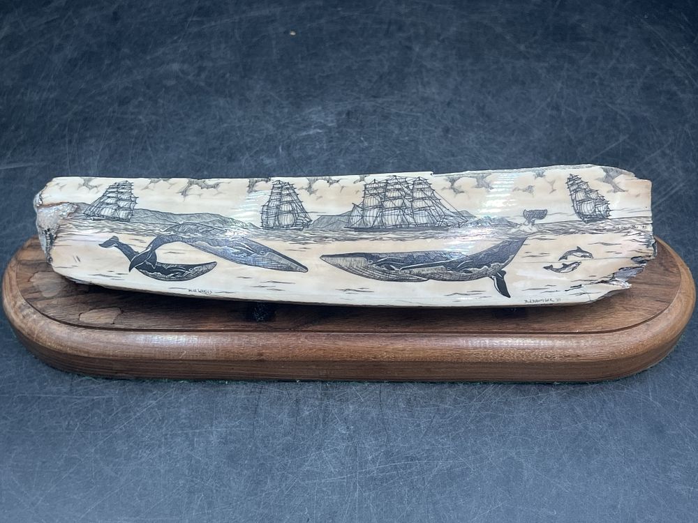 Lot 280: Vintage Scrimshaw Fosslized Mamoth Signed