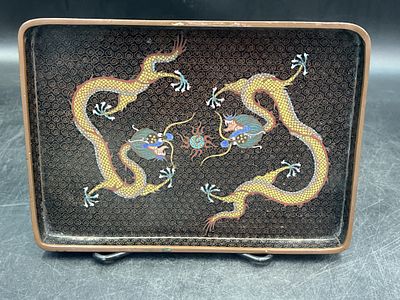 Vintage Old Chinese Cloisonne Yellow Dragon Tray. Featuring yellow dragons from Meiji era.