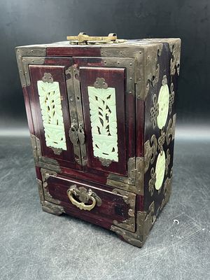 Vintage Chinese Jewelry Box. Made with Rosewood with carved jade inlay and brass fittings. Has 2