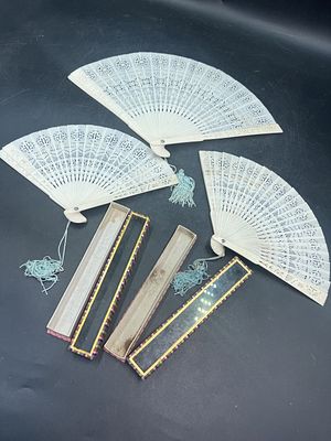 Vintage Fans. Total of 3 in this lot. Two are in original boxes and made from carved bone. The