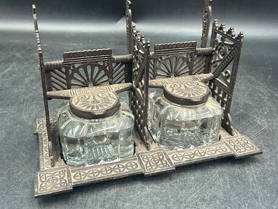 Victorian Double Inkwell. Features 2 ink reservoirs made of crystal and set within ornate base.