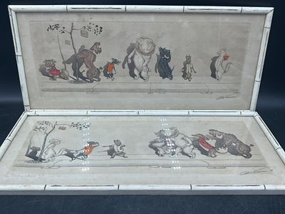 Dirty Dogs of Paris "Signed". Total of 2 bamboo frames. Measures in frames 9 1/4" x 20 1/2".