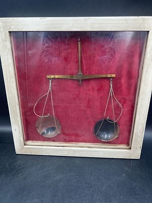 Antique Pocket Balance Scale with Brass Hooks. The cups on these pieces are carved horn, see