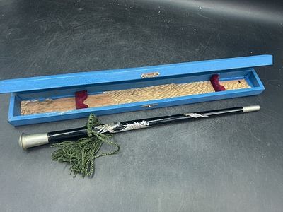 Vintage Military Swagger Stick in Case. Comes with original box. Engraved on top of swagger