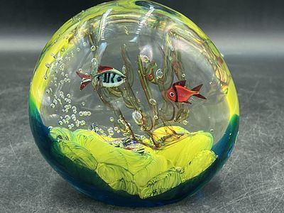 Murano Art Glass Aquarium Sculpture Signed. Detailed underwater scene with fish, coral and
