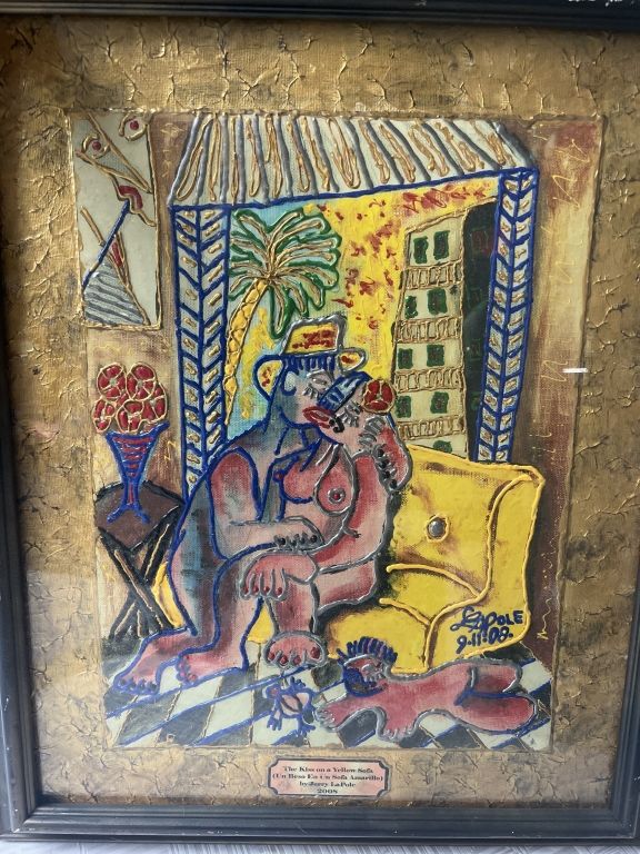 Lot 187: Gerald LaPole Artwork "The Kiss on a Yellow Sofa"