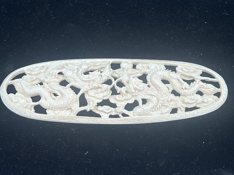 Lot 224: Vintage Carved Ivory Dragon Panel