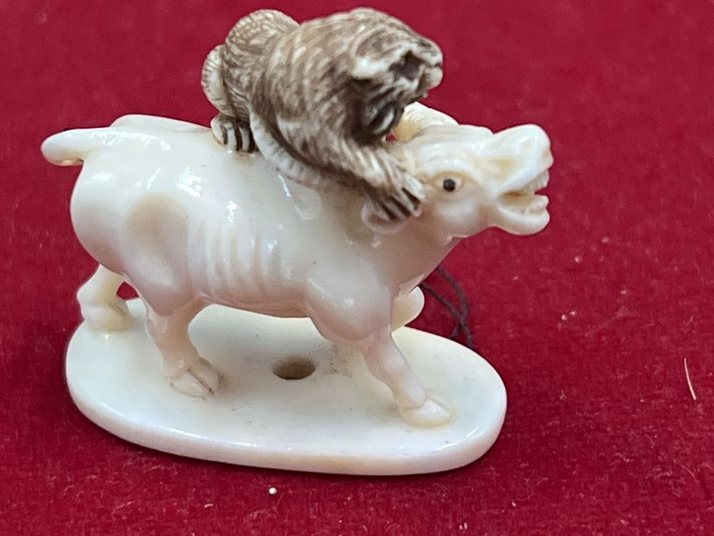 Lot 272: Carved Ivory Netsuke Water Buffalo and Tiger