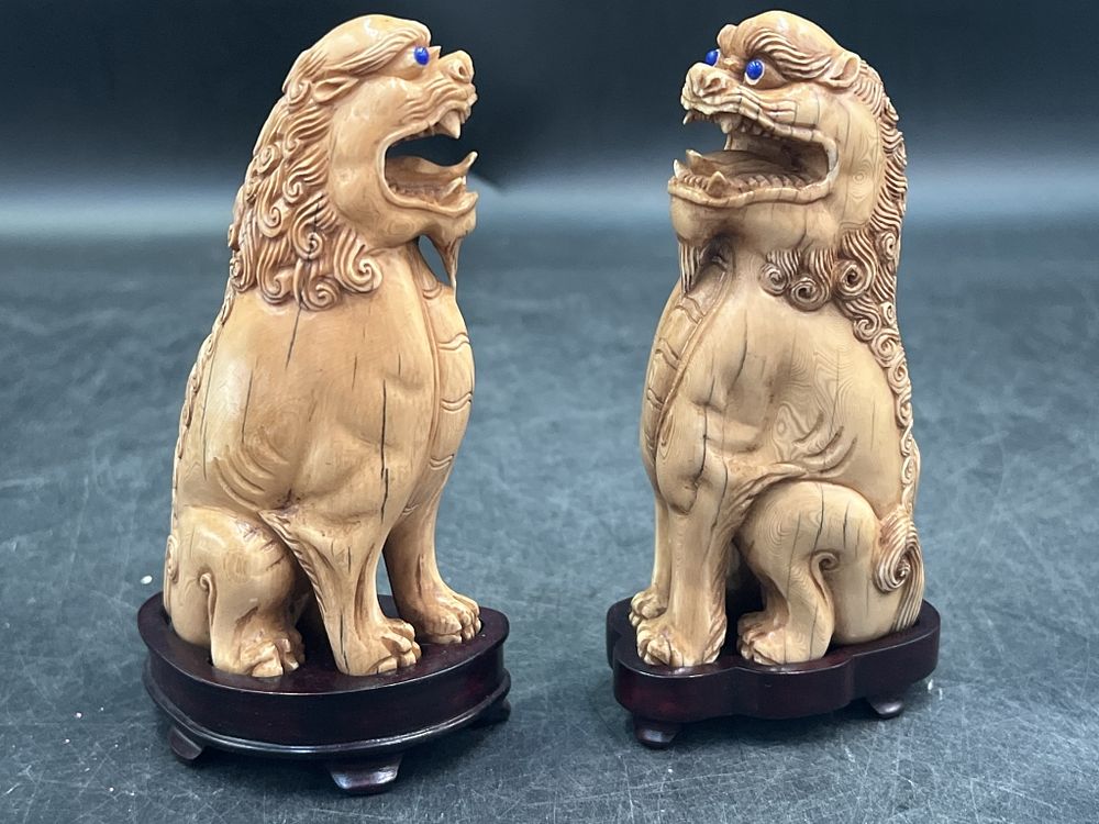 Lot 324: Antique Early Carved Foo Dogs with Lapis Eyes