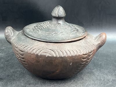 Vintage Clay Cooking Pot with Lid. Unknown Era or origin. early piece. Made from natural 
