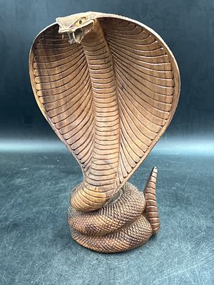 Hand Carved Wooden Cobra Sculpture. From Bali or Indonesia. Carved out of on piece of suar wood. 