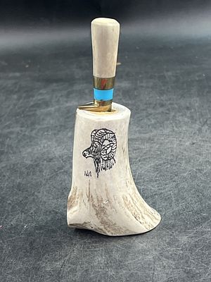 Miniature Knife in Stag Handle. Bighorn sheep engraving and signed by artist.. Measures overall 