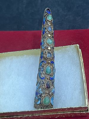 Vintage Silver Filigree Enamel Nail Guard Brooch. Chinese export Gilt sterling silver enamel 