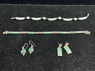 Vintage Sterling Silver and Jade Jewelry. In this lot you receive 2 jade bracelets and 2 pair of 
