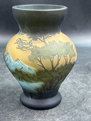 Vintage Petrache Cameo Glass Vase. Features mountain peaks and forest landscape. Signed by 