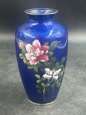 Cloisonne Japanese Enamel Vase. Nice Asian enamel vase with floral background. Condition is good 