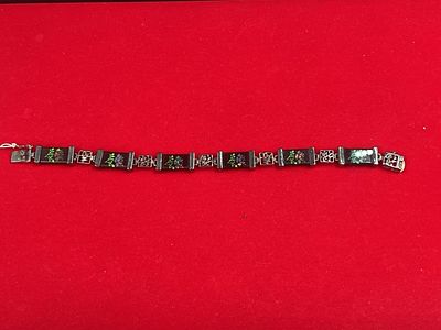 Vtg Asian Sterling Onyx and Inlay Opal Panel Bracel . Beautiful inlaid gem stones, opals etc.. 