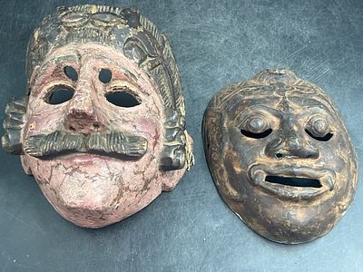 Vintage Masks. One is a a Guatamalen Dance Mask. Nice folk art mask 1950. Man with a mustache. 