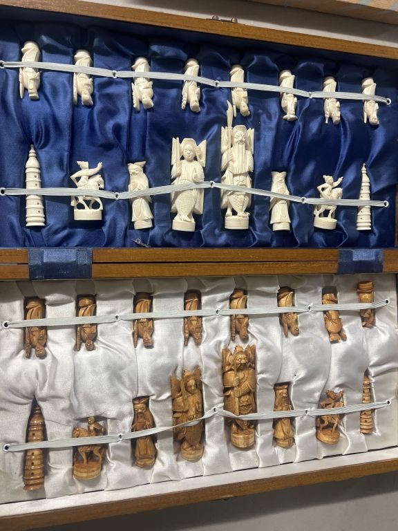 Lot 225: Vintage Ivory Chinese Chess Set with a Fitted Case