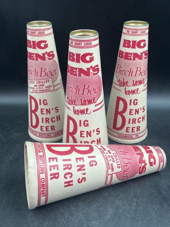 Lot 233: 1960's Big Ben's Birch Beer Quart Cone Containers