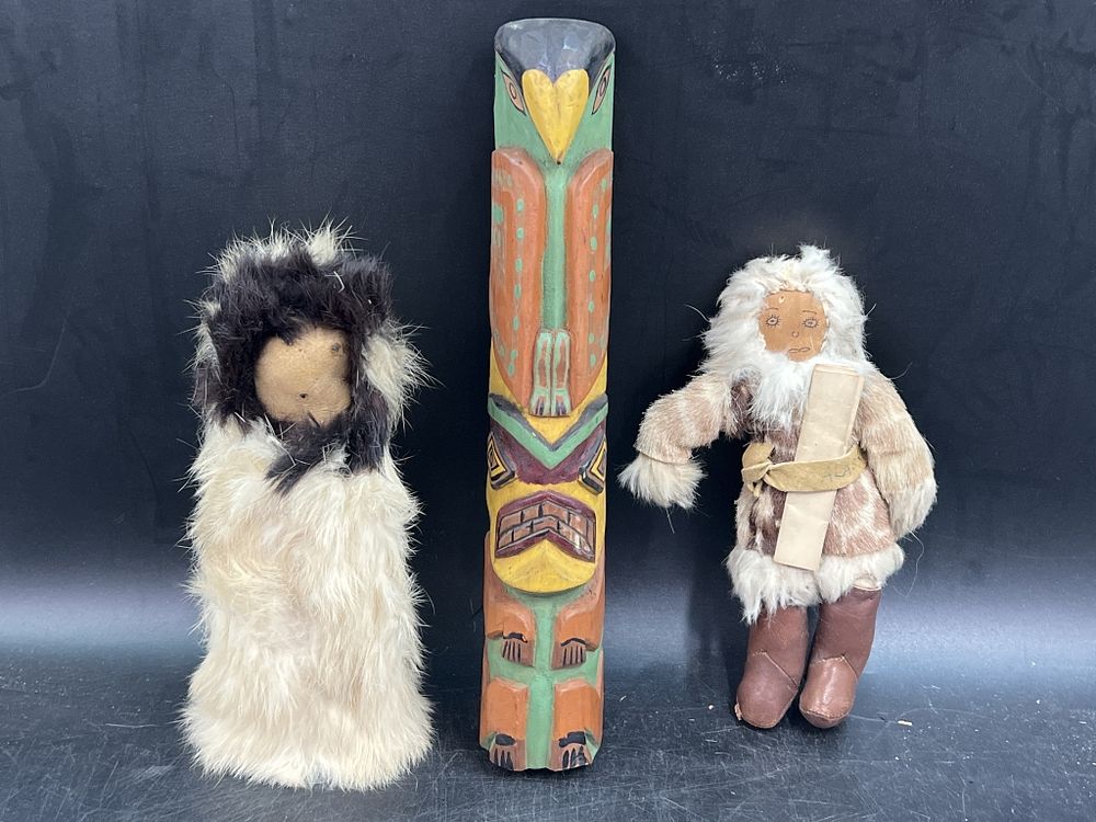 Lot 274: Vintage Totem Pole and Two Inuit Style Dolls