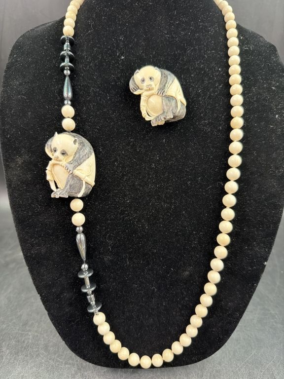 Lot 313: Vintage Ivory Japanese Panda Bear Necklace with Brooch