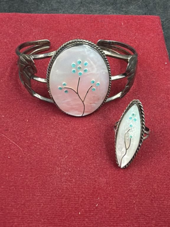 Lot 390: Vintage Turquoise Flower Silver Cuff and Ring